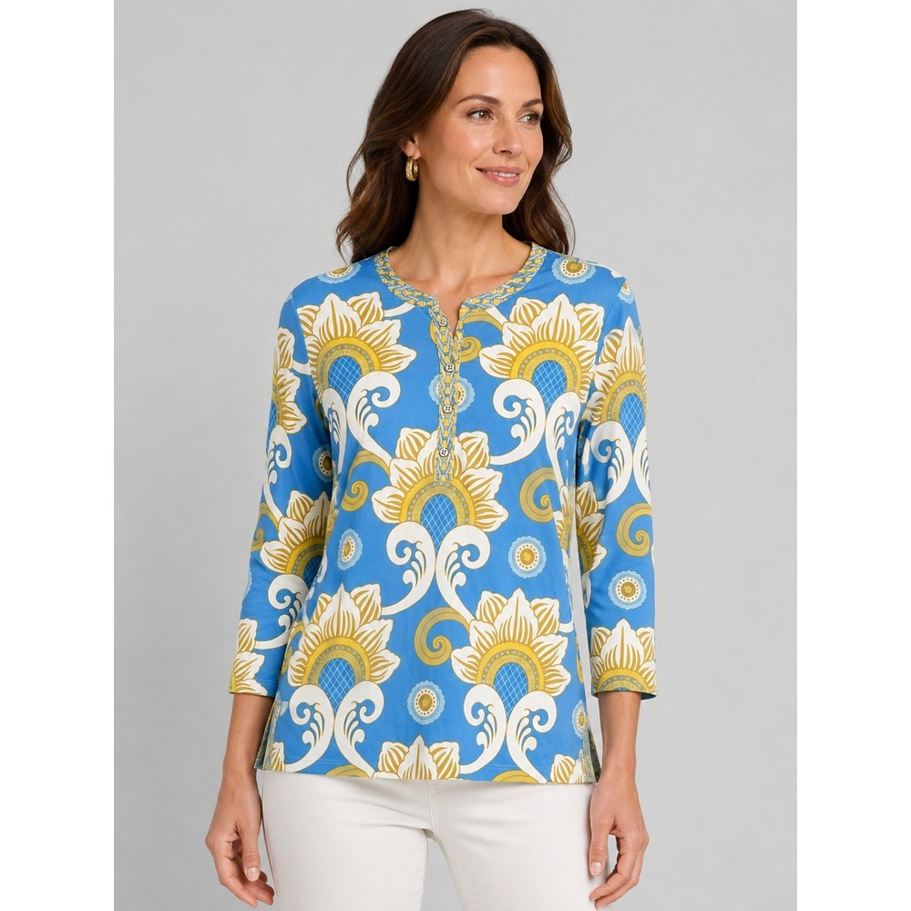 J.McLaughlin Paisley Tunic Top Blouse Blue Yellow Medium Stretch Casual Preppy